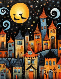 Folk art painting of whimsical tall houses in warm colors under a large moon and starry sky with blue swirls