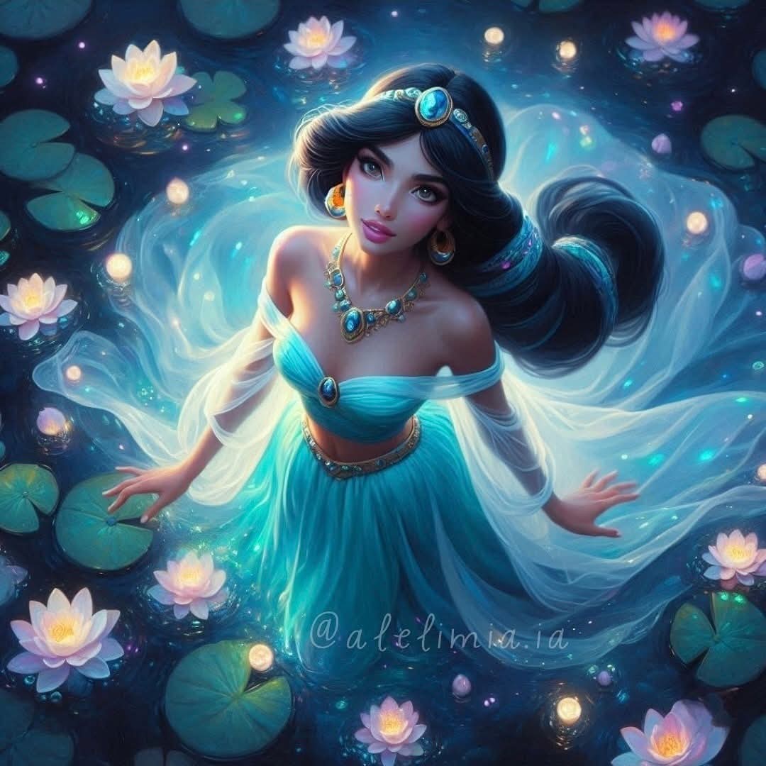 Animated princess in turquoise dress surrounded by luminous lotus flowers in magical pond with swirling light