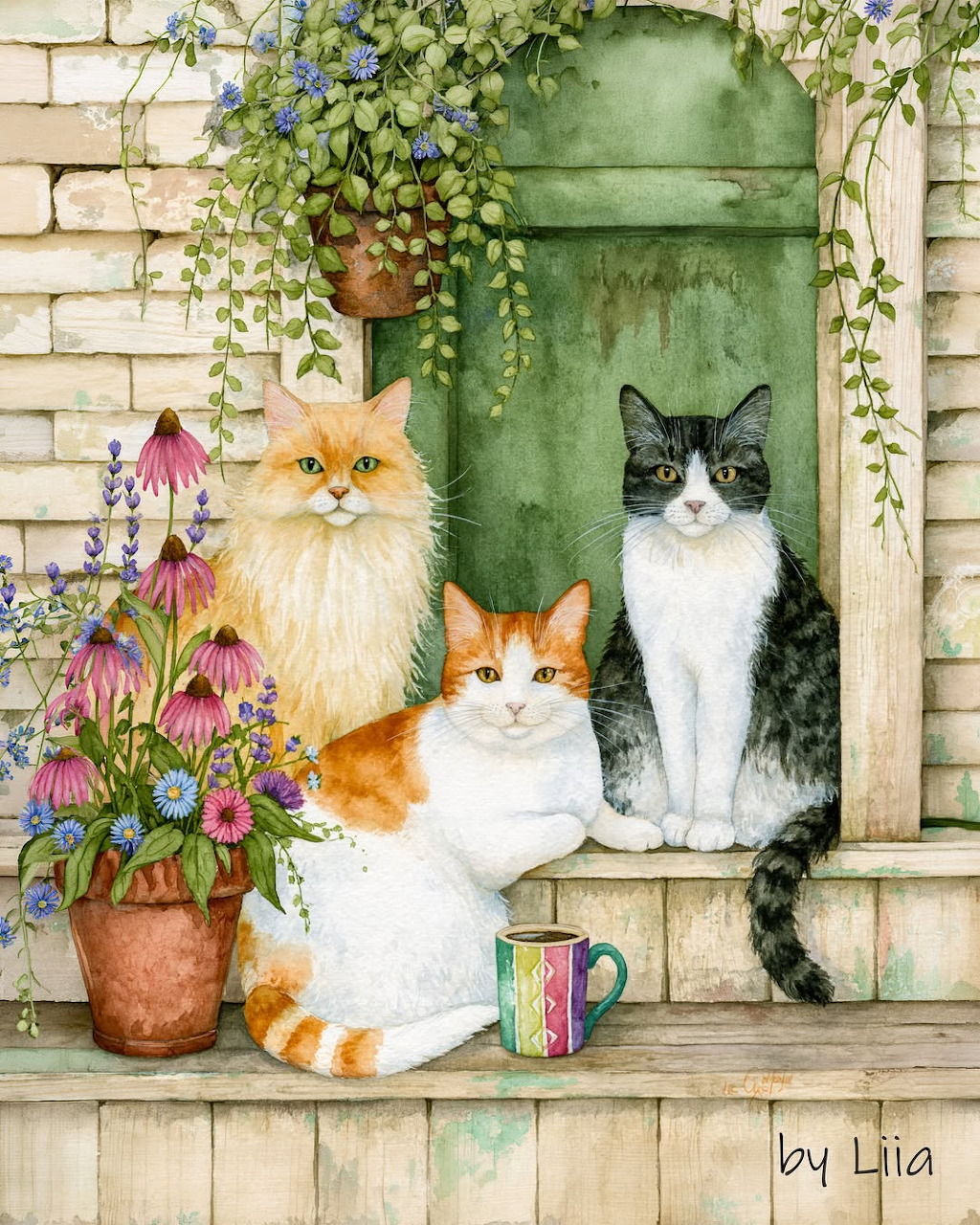 Painting of three cats by a green door with potted flowers and vines