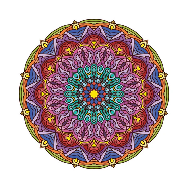 Colorful symmetrical mandala with intricate geometric and floral patterns in purple, turquoise, blue, and gold tones