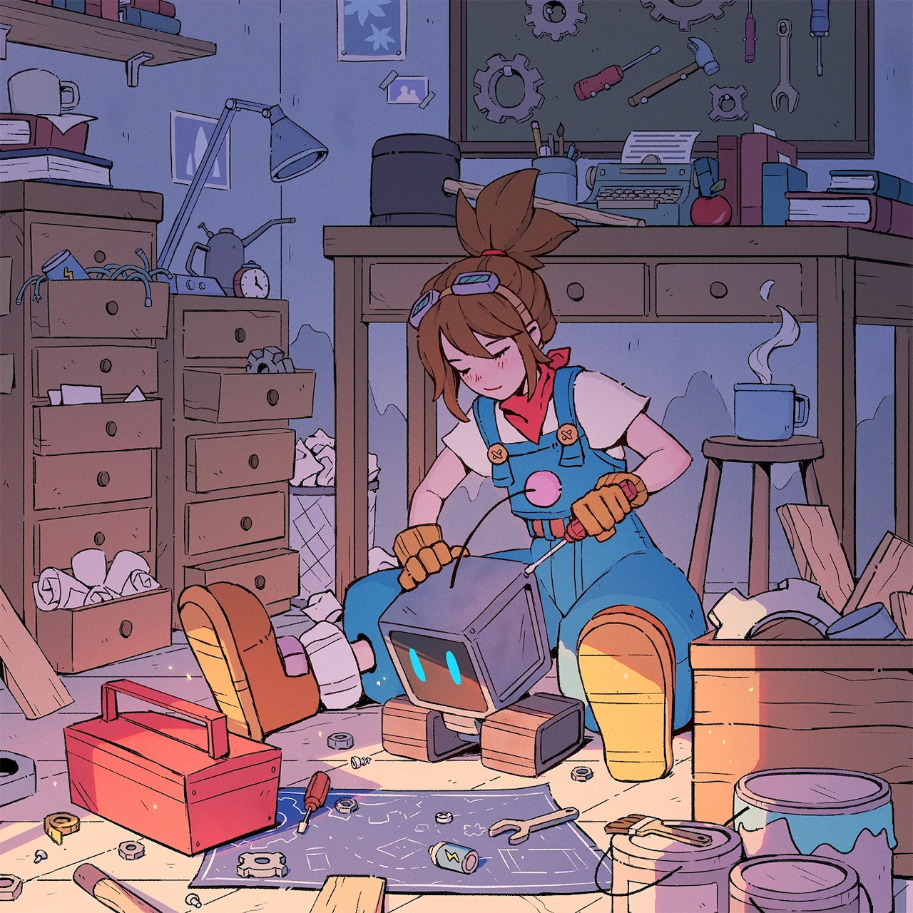 Girl in Cluttered Workshop