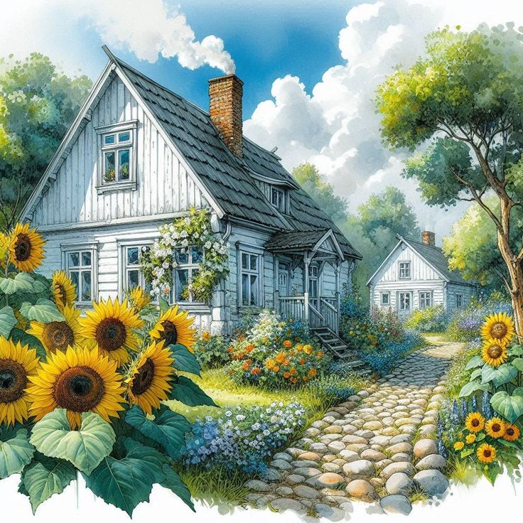 White cottage surrounded by sunflowers and garden with stone pathway leading to entrance