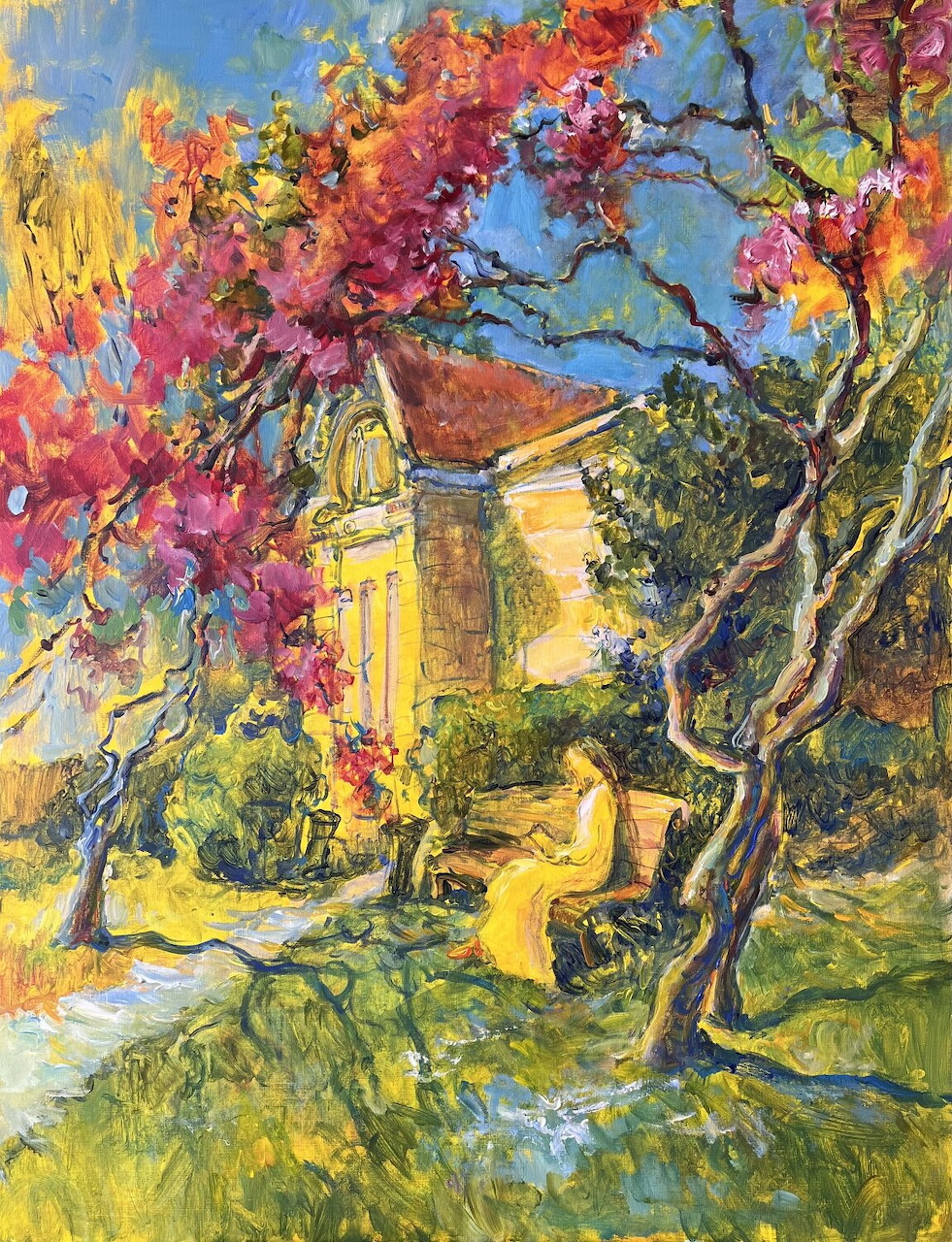 Impressionist painting of a garden with flowering trees, a house, and a yellow chair