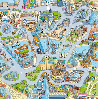 Illustrated map of London with landmarks, streets, River Thames, and colorful buildings in cartoon style