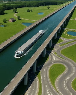 Aerial view of Sart Canal Bridge with a barge on the elevated waterway above green landscape and roads
