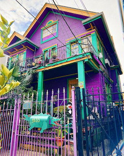 Brightly painted purple house with turquoise trim and gate, tropical plants in foreground