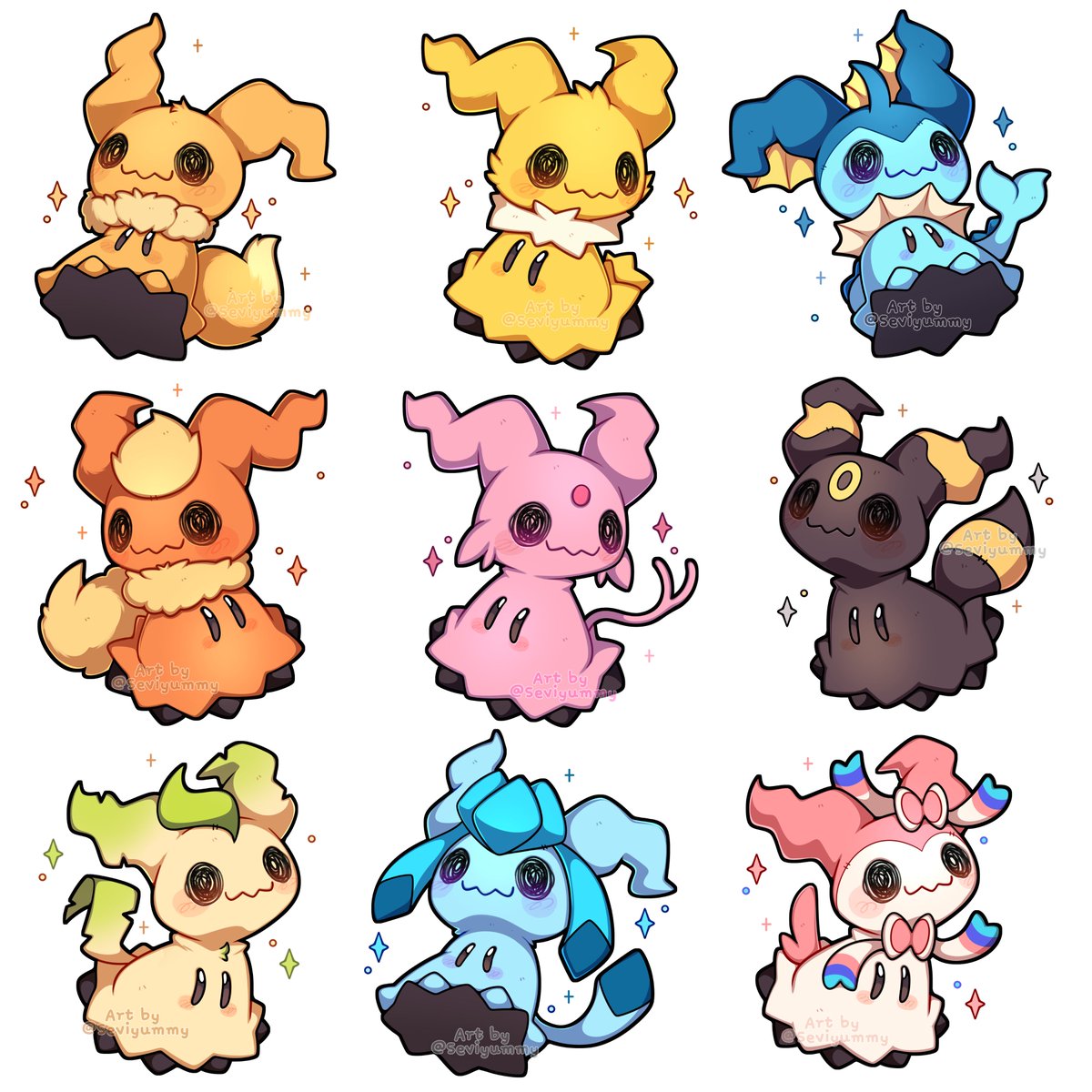 Nine adorable chibi Pokémon Eeveelutions in colorful anime style arranged in a grid