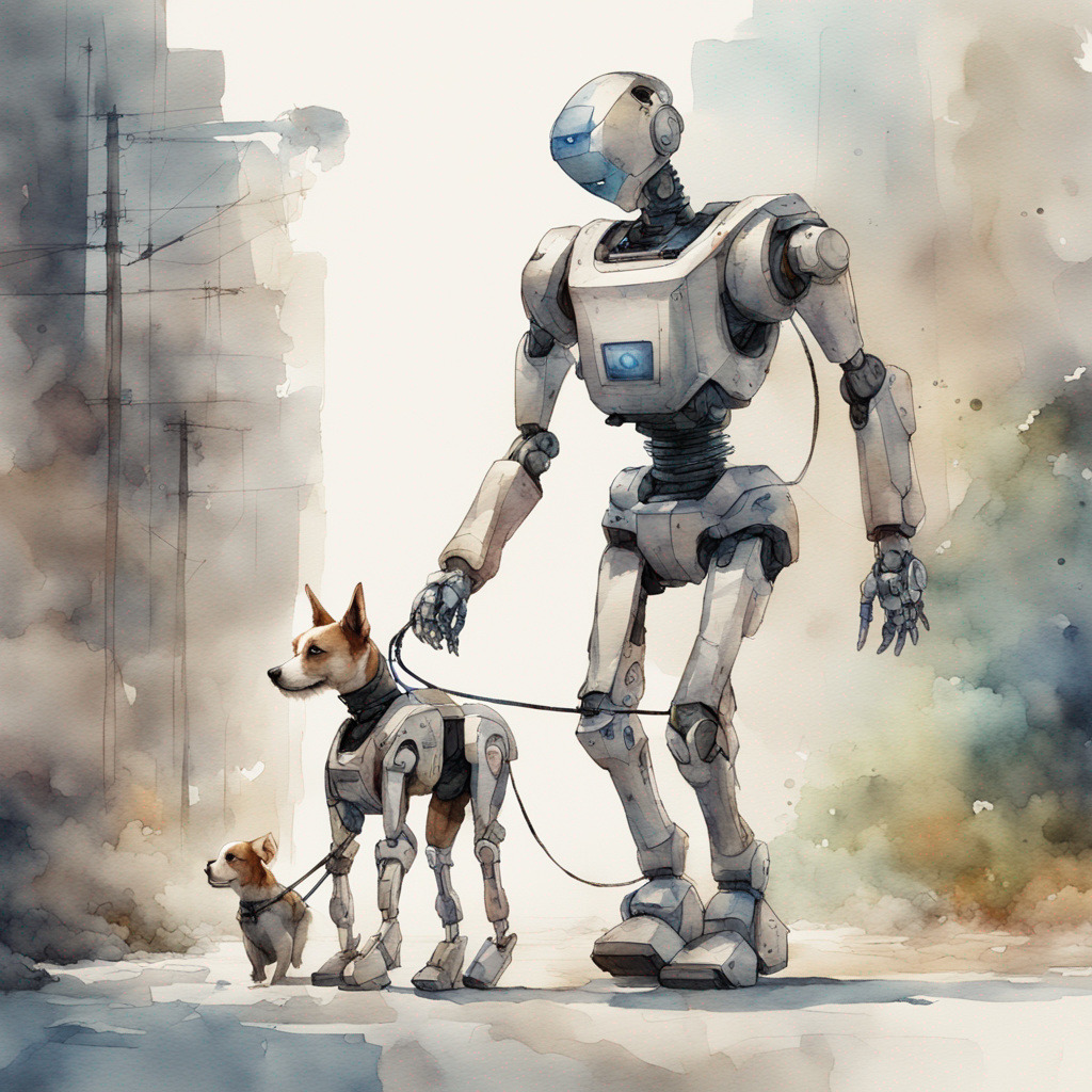 Humanoid robot walking a mechanical dog on a leash in a watercolor-painted urban scene