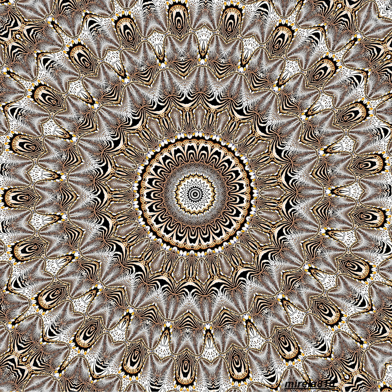 Ornate gold and cream mandala with intricate symmetrical geometric patterns radiating from center