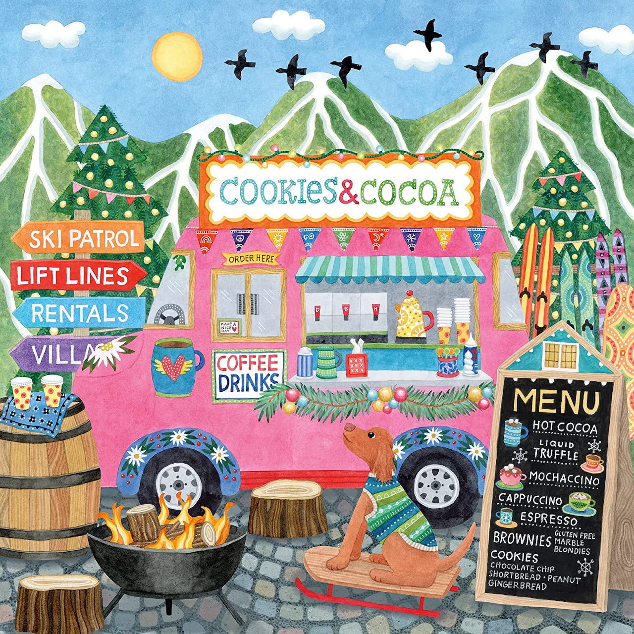 Illustrated winter scene with pink cookies and cocoa stand surrounded by snowy mountains, Christmas trees, and ski signs