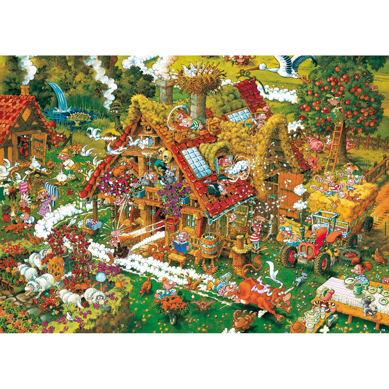 Busy illustrated garden scene with gnomes, flowers, trees, and vegetables in vibrant colors