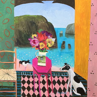 Vibrant folk art painting of flowers in vase on checkered table with sea view, dog and bird in decorative interior