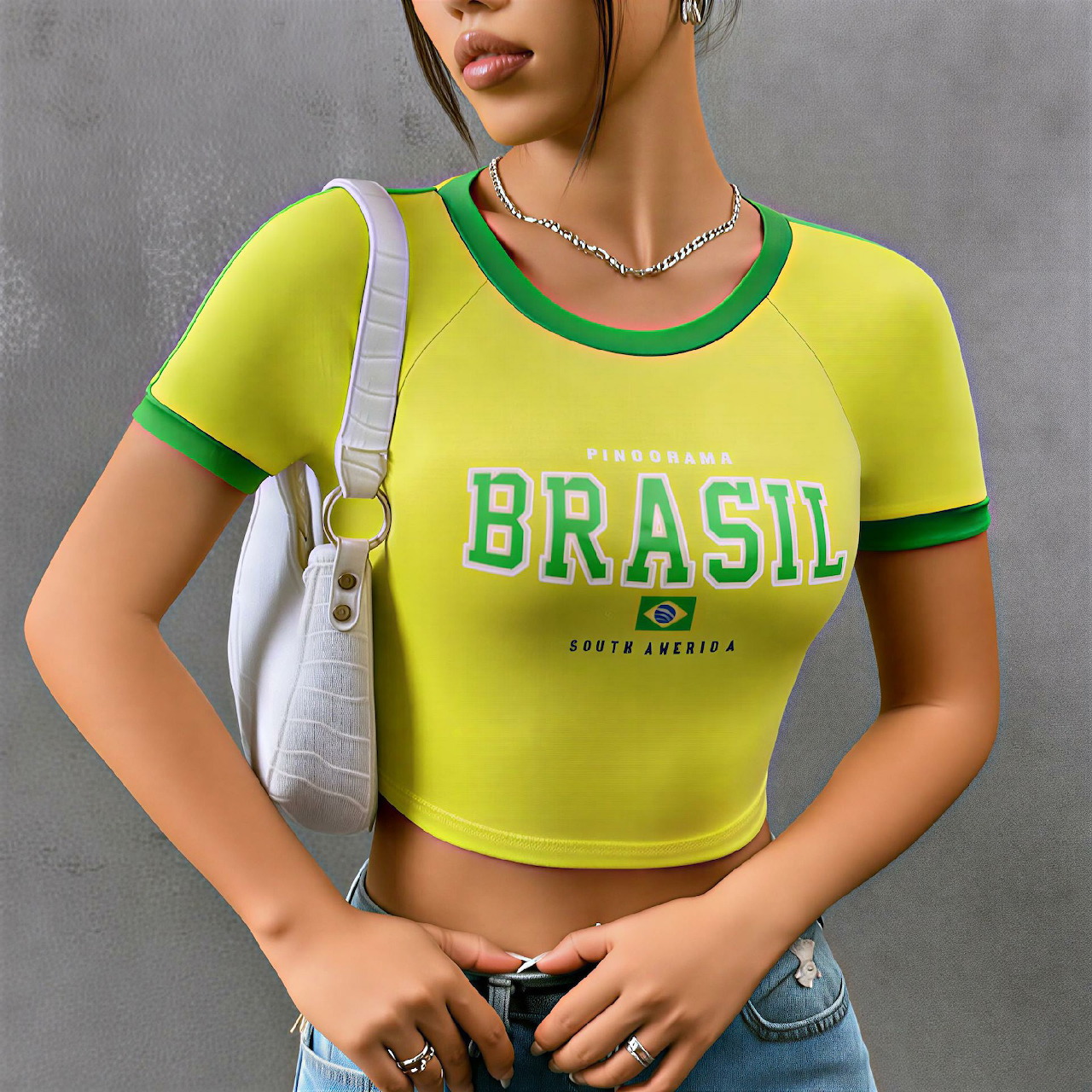 Woman in yellow and green Brasil crop top with silver necklace against gray background