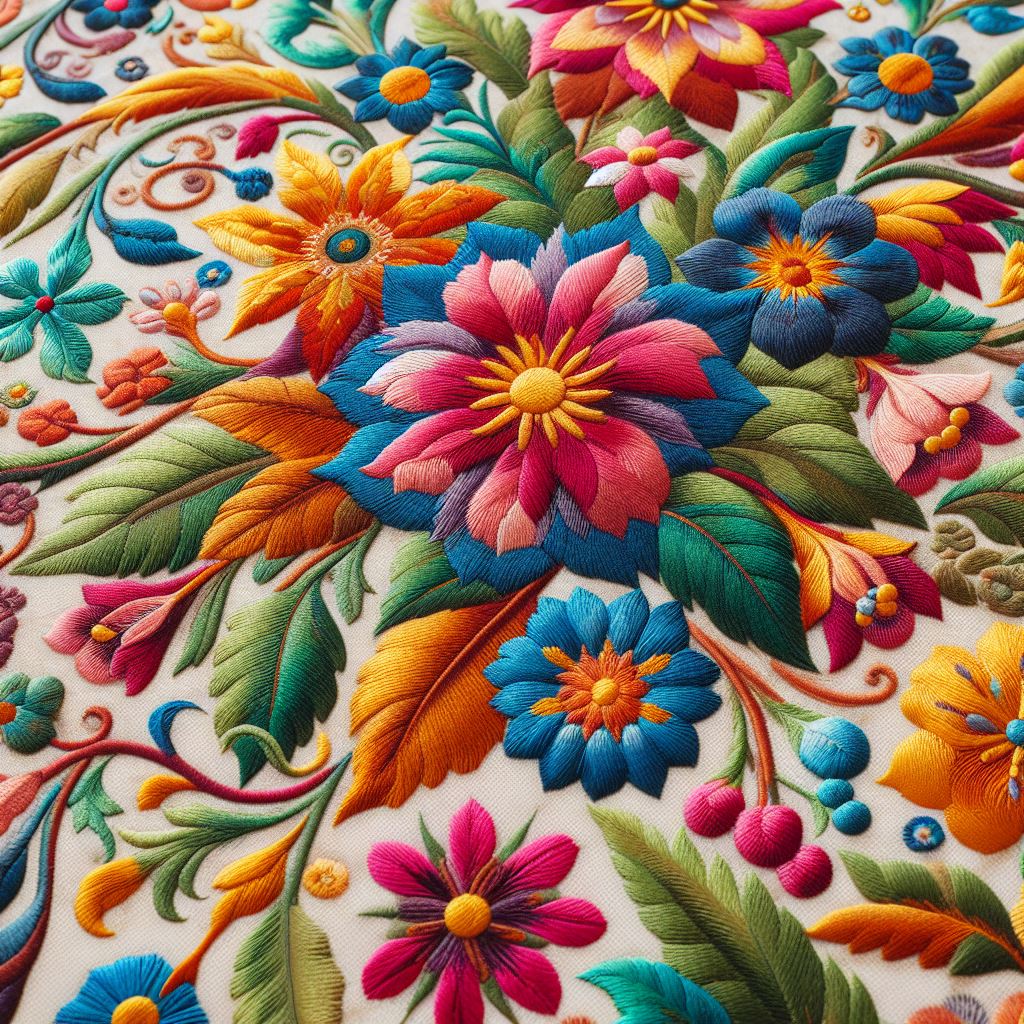 Colorful embroidered floral pattern with dimensional flowers and leaves on white textile