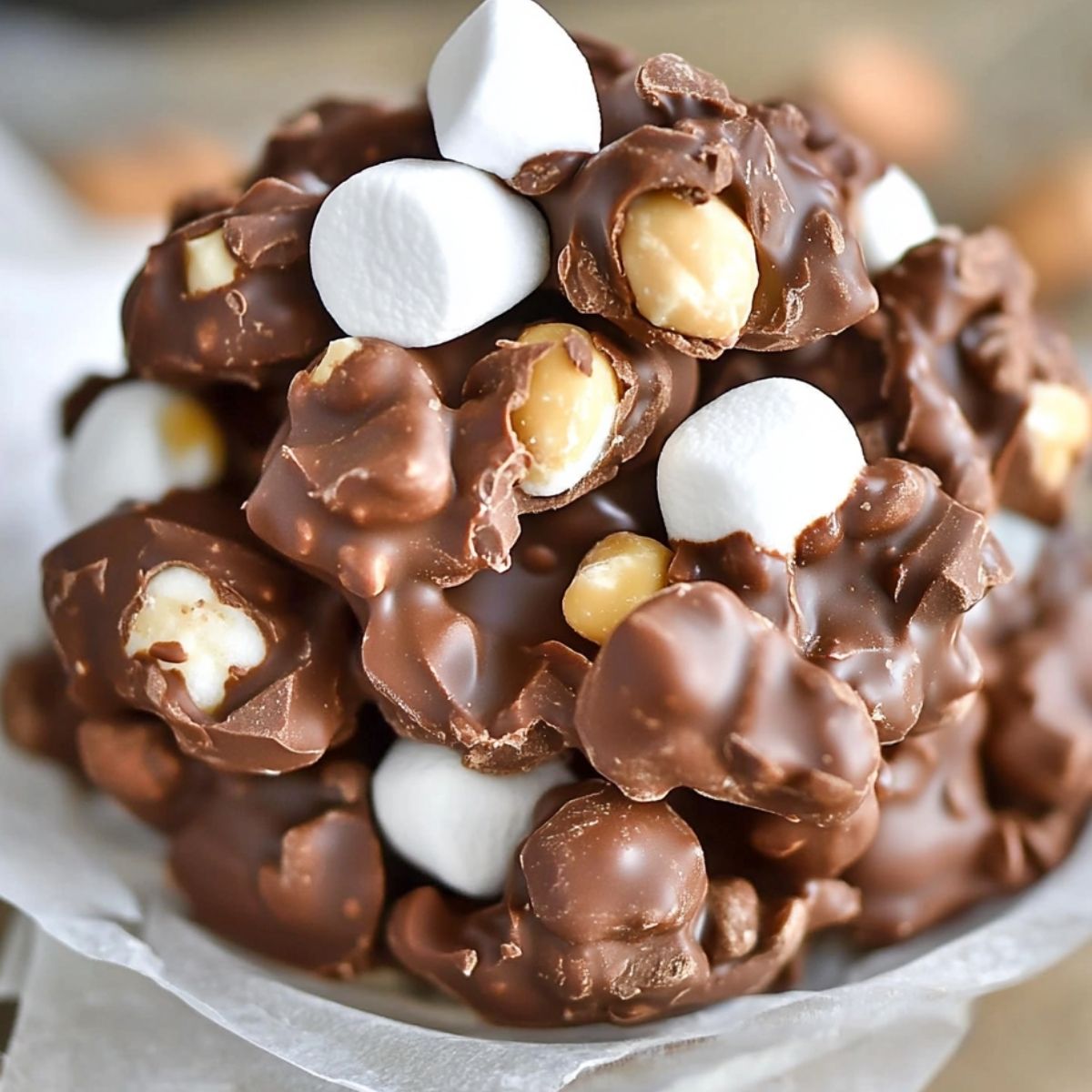 Pile of chocolate peanut clusters with marshmallows on white plate