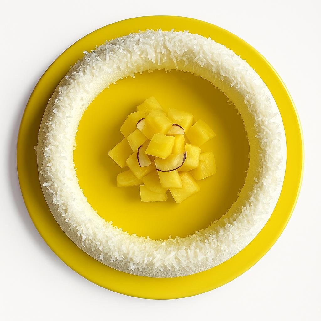 Round yellow cake with white coconut ring and yellow rose decoration on yellow plate, viewed from above
