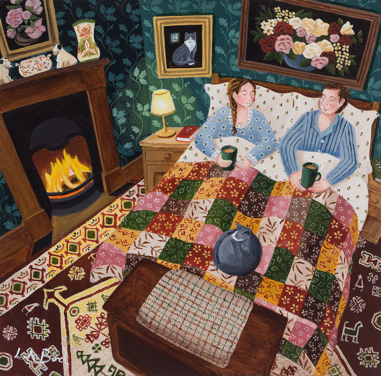 Person in bed with tea and colorful quilt, fireplace and floral decor visible from above
