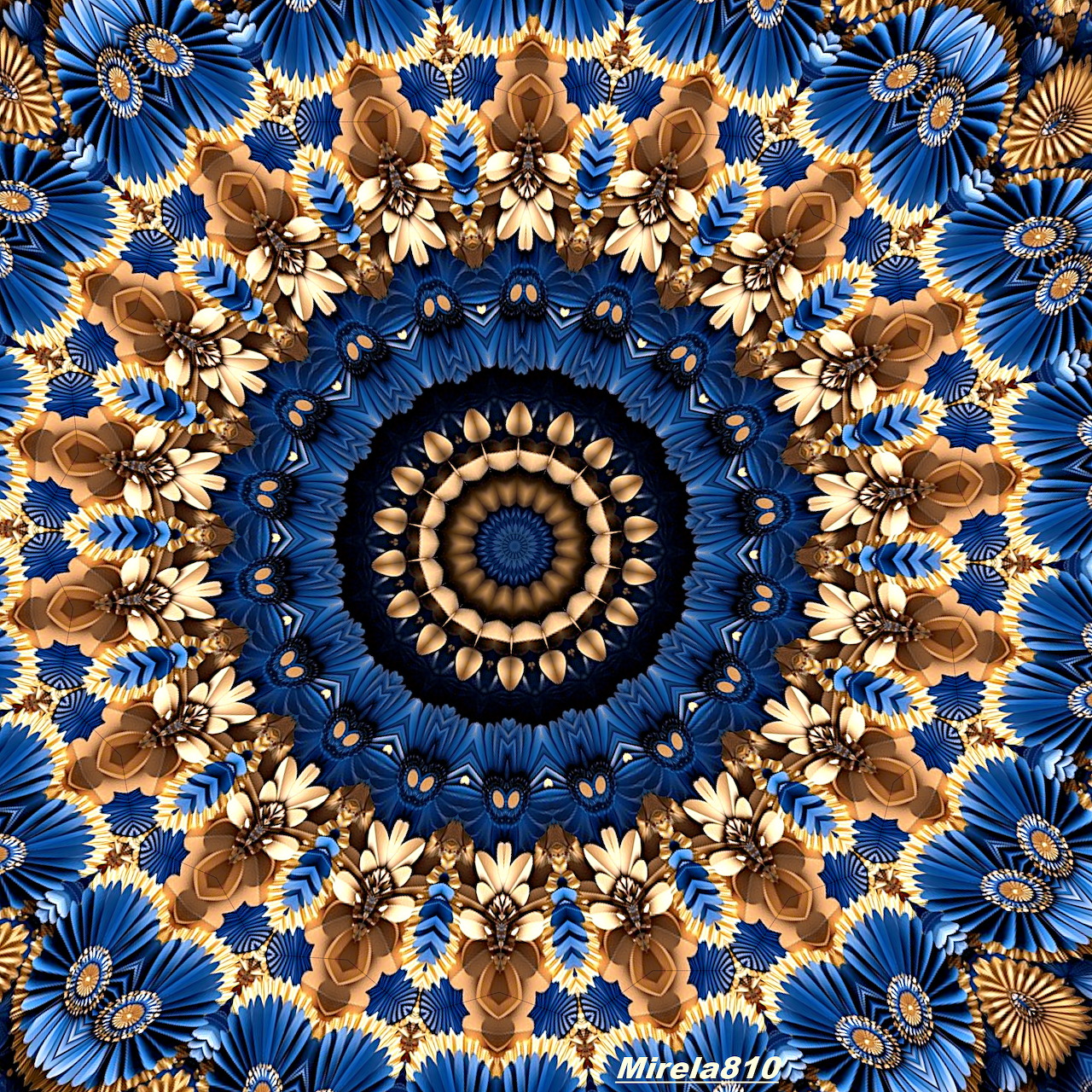 Circular mandala with blue flowers and brown leaves in radial symmetry