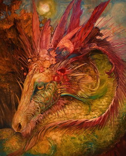 Fantasy painting of a dragon with red spines, golden-green scales, and glowing red eyes