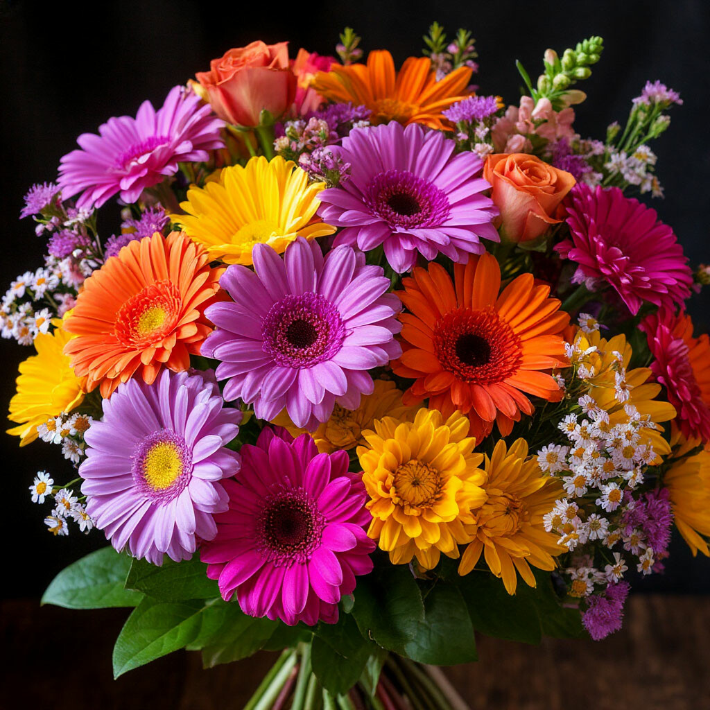 Colorful bouquet of gerbera daisies in orange, pink, yellow, and purple hues with white baby's breath on black background