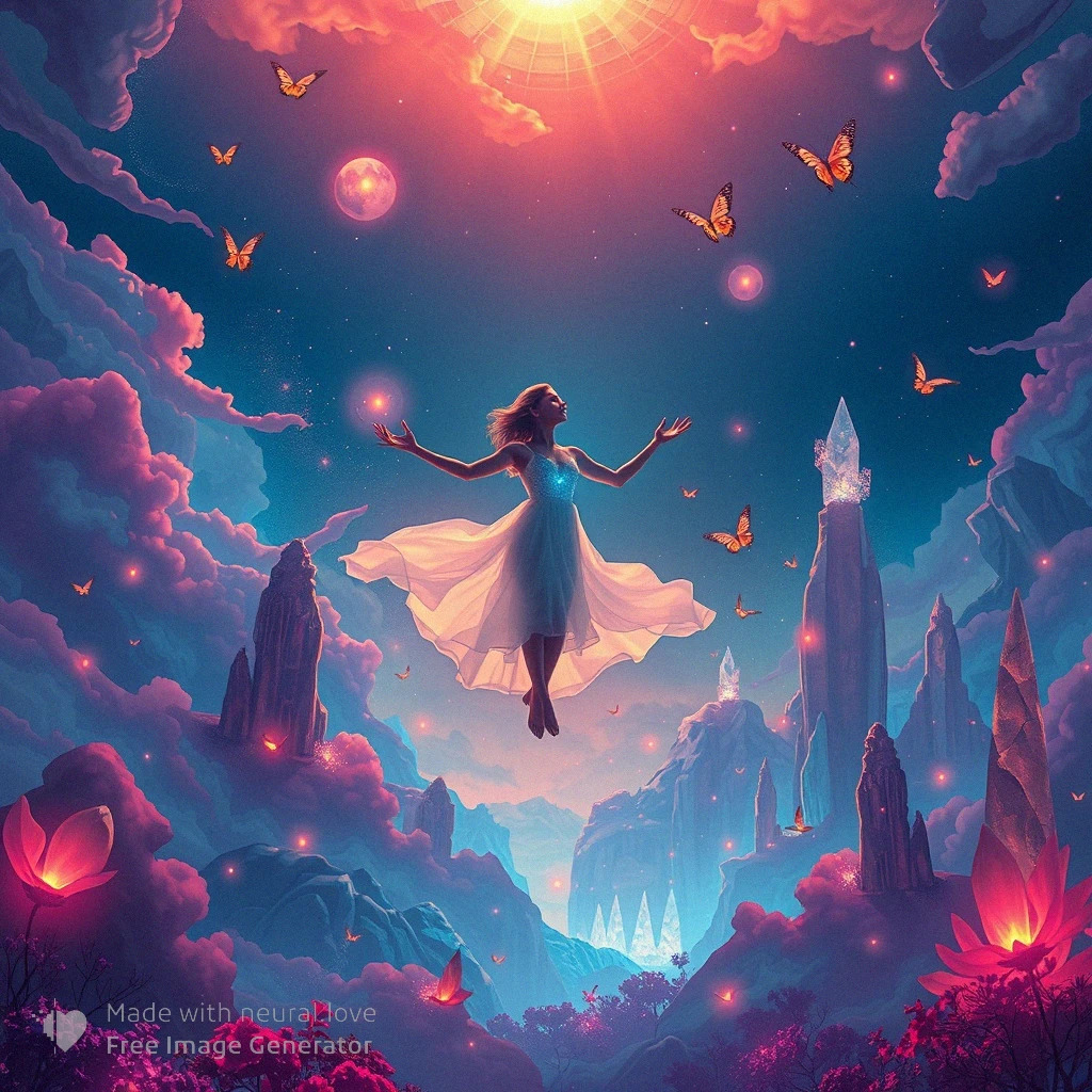 Fantasy woman floating in a glowing dreamscape with butterflies, clouds, and crystal spires