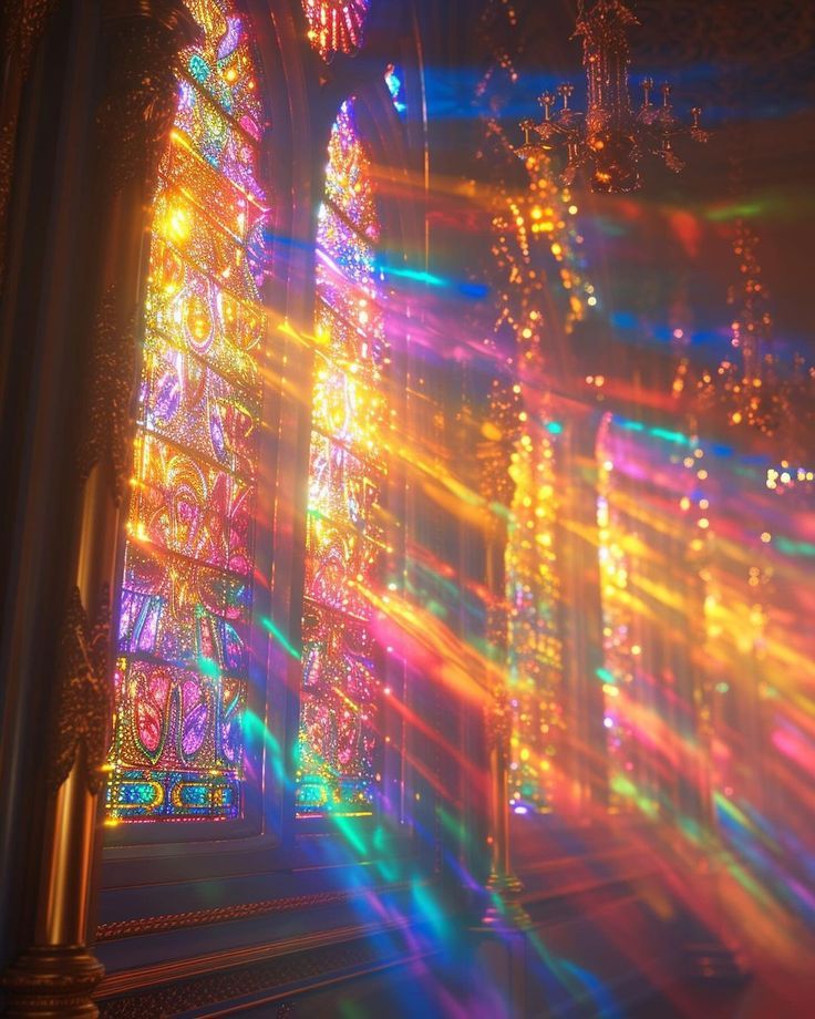 Colorful rainbow light beams refracting through window creating abstract streaks across room
