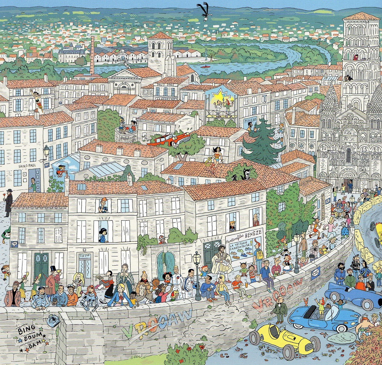Illustrated aerial view of Angoulême showing historic buildings, river, bridge, and people along waterfront