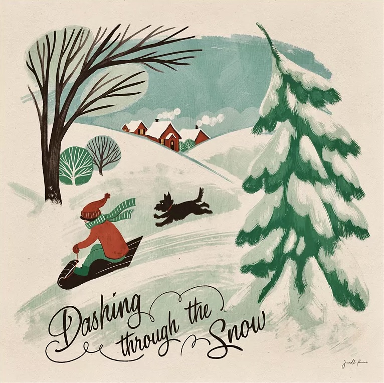 Retro winter scene of child sledding with dog on snowy hill near cottage and evergreen trees