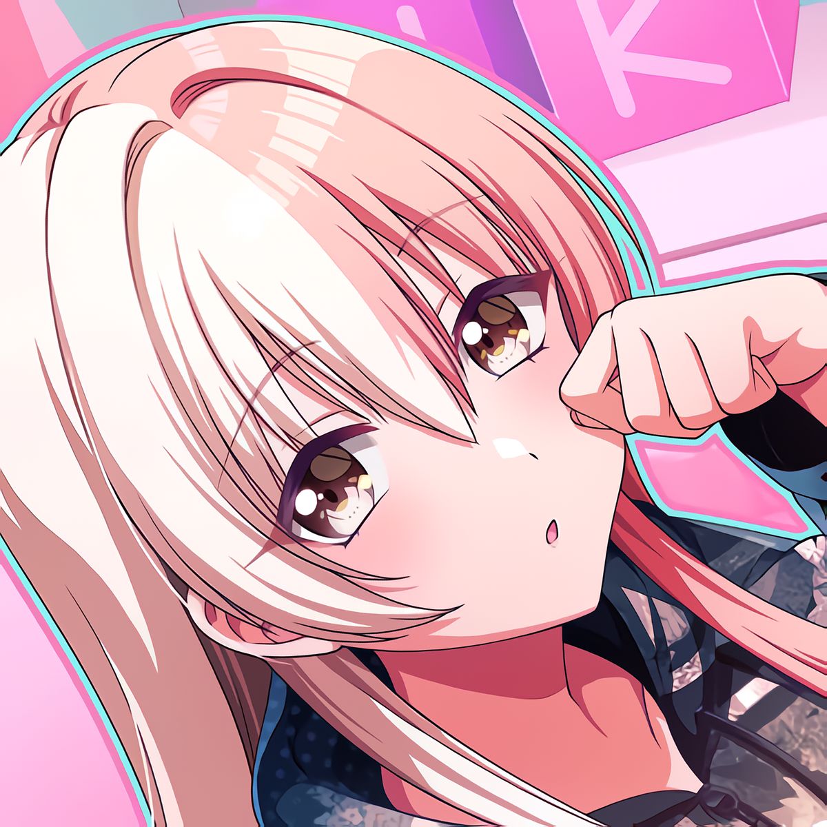 Anime girl with blonde hair and purple eyes on pink background