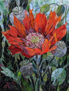 Oil painting of a large red poppy with orange petals and purple center among green leaves