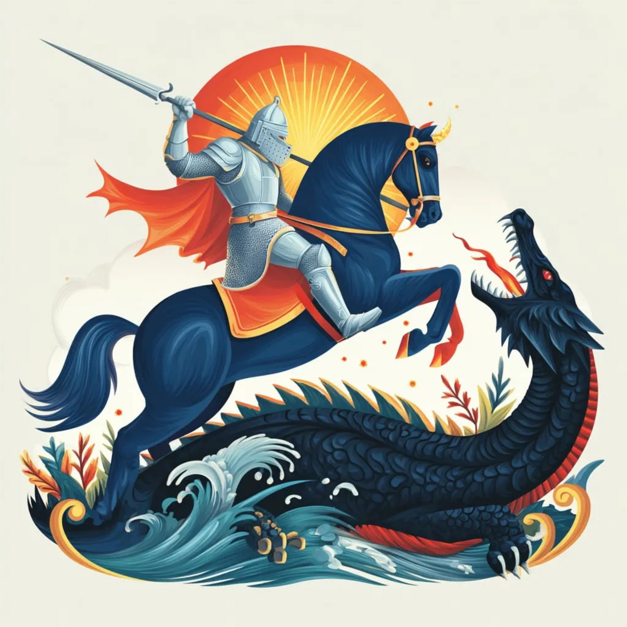 Armored knight on a blue horse battling a dark sea dragon in stylized waves