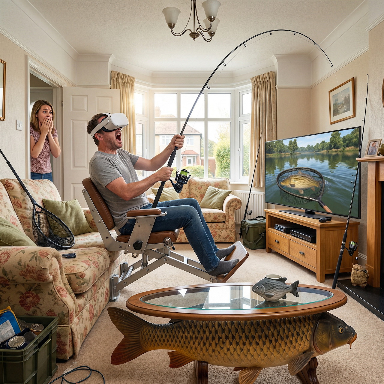 Man on a rowing machine fishing toward a TV in a living room while a woman watches
