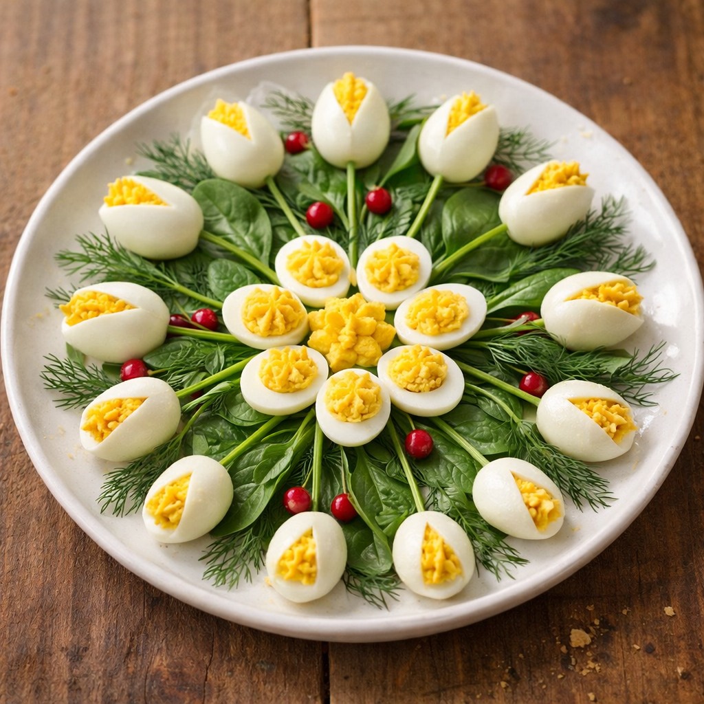 Deviled eggs arranged in a flower pattern with dill and snap peas on a white plate