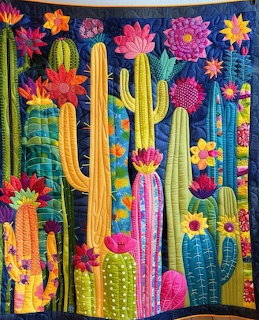 Fabric quilt with tall cacti and bright flowers in green, yellow, pink on dark blue background