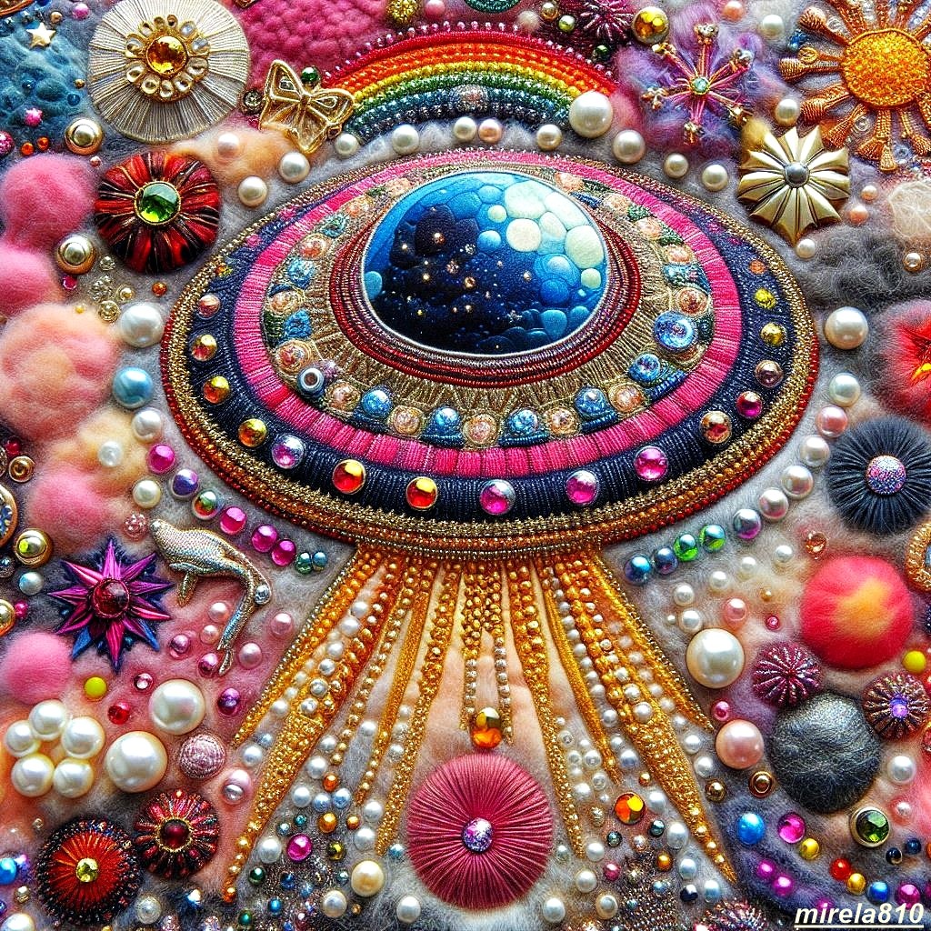 Colorful embroidered mandala with beads, pearls, and cosmic center surrounded by radiating patterns and decorative elements
