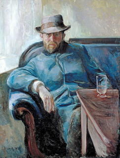 Painting of bearded man in blue coat and hat sitting on couch next to table with glass