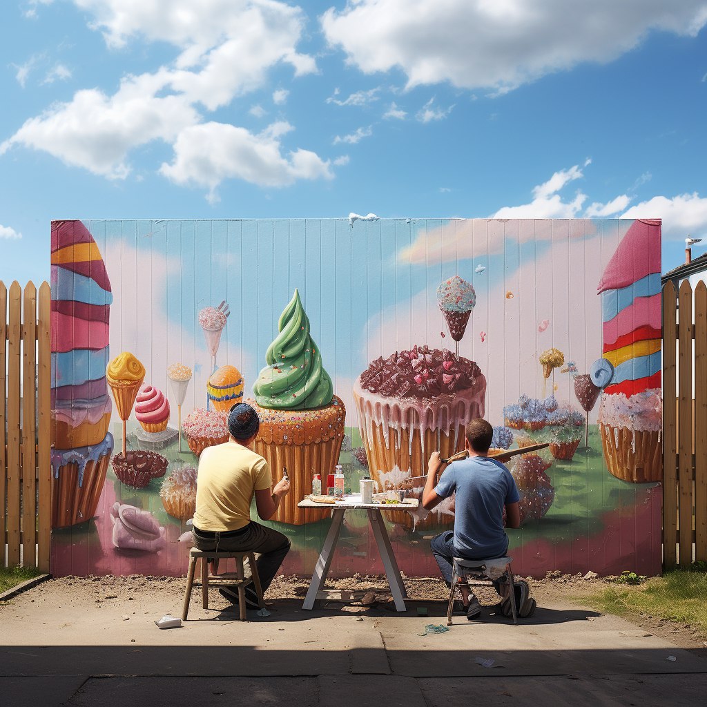 Two artists painting a colorful dessert mural on a fence outdoors