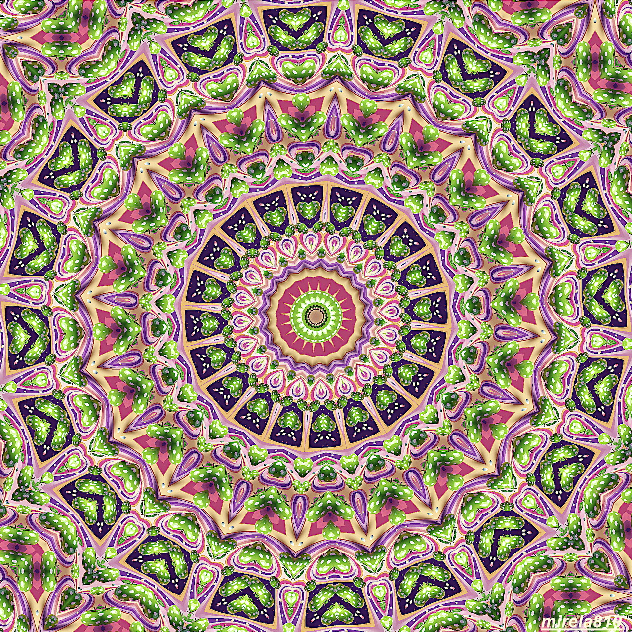 Intricate circular mandala with pink, green, and yellow floral patterns radiating from center in symmetrical design