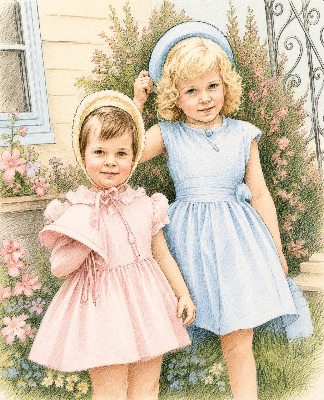 Vintage illustration of two young girls in pink and blue dresses standing by flowers outside a house