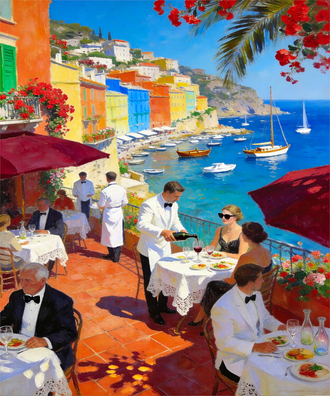 Painting of a seaside restaurant terrace with diners, waiters, sailboats, and colorful cliffside buildings