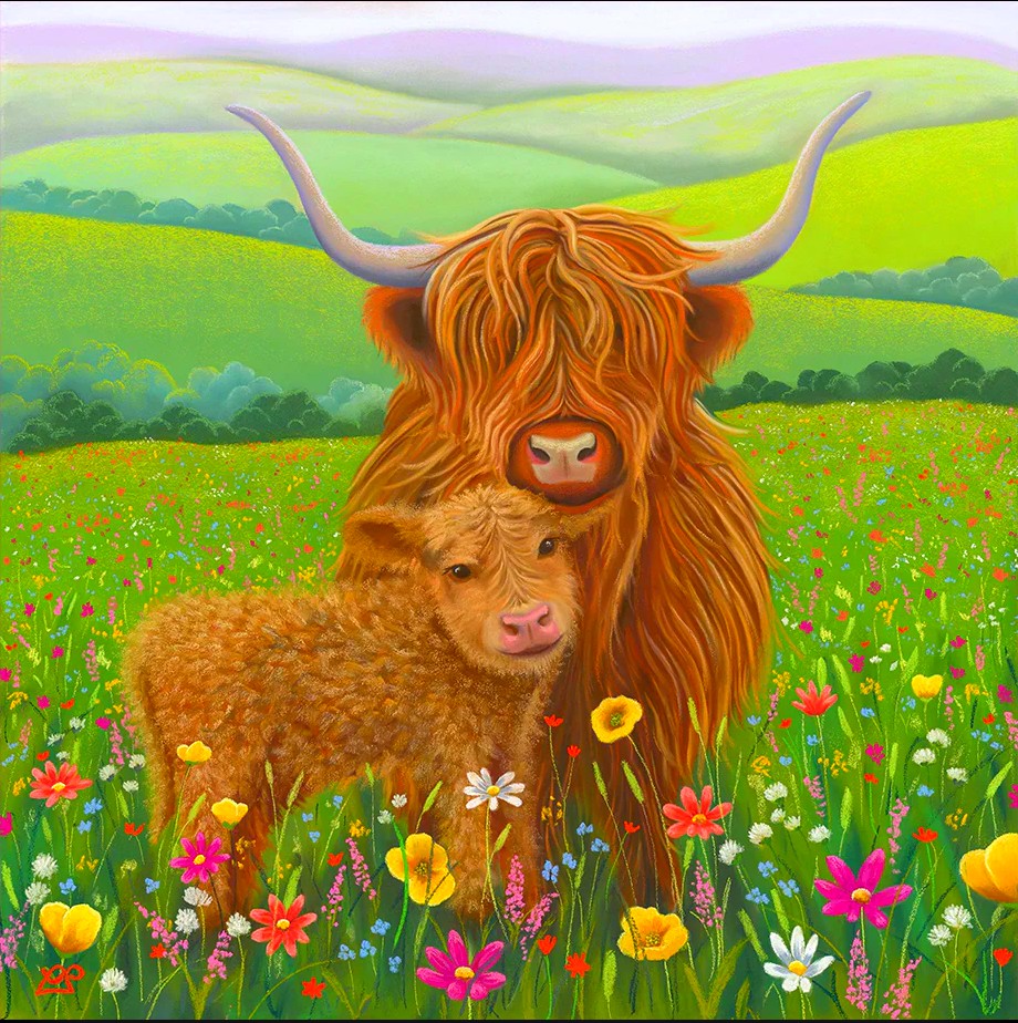 Highland cattle mother and calf in vibrant flower meadow with green hills