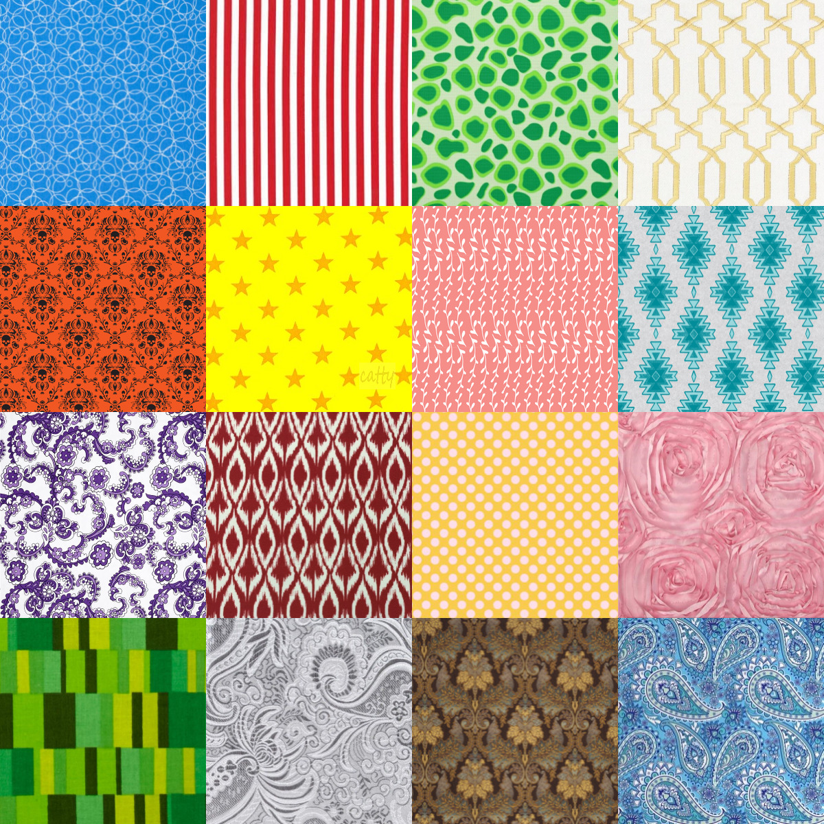 Grid of 16 colorful patterned squares with stripes, dots, florals, and geometric designs