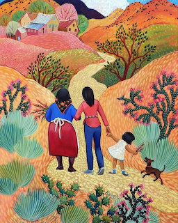 Three people walking on a path through a colorful desert with cacti, flowers, and orange hills