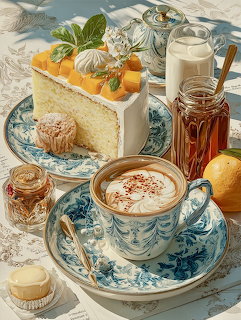 Painted still life with sponge cake, floral teacup, milk, honey jar, and lemon on a lace tablecloth