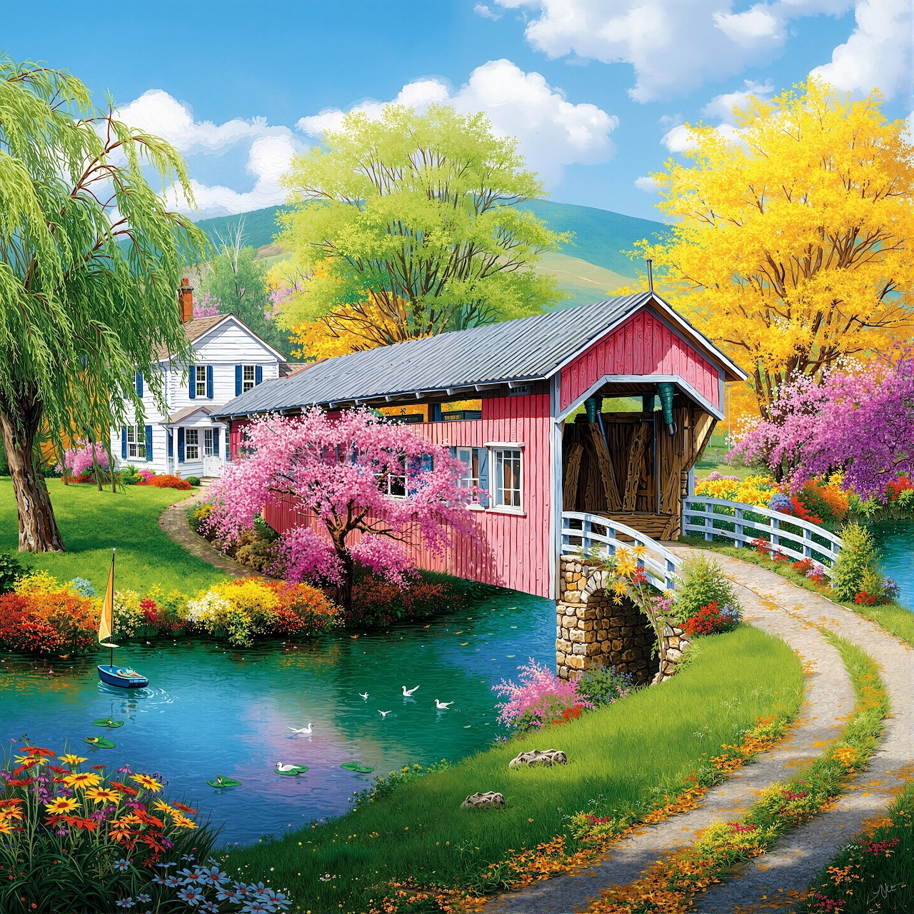 Red covered bridge over pond with ducks, surrounded by spring flowers, trees, and white house under blue sky