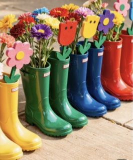 Colorful rain boots in a row, each filled with bright flowers on a patio