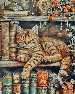 Orange tabby cat lying on bookshelf among old books and decorative items