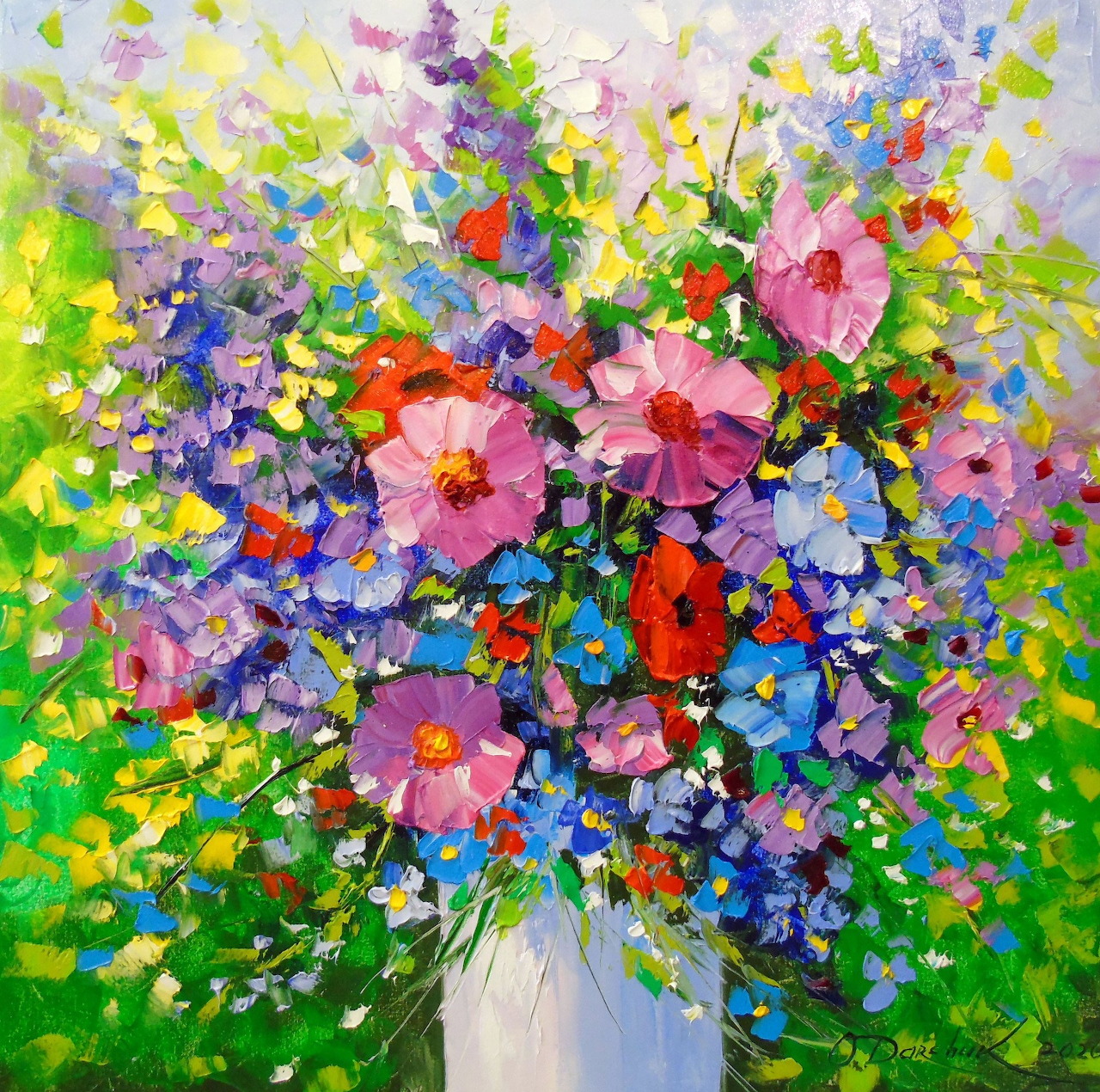 Impressionist oil painting of a vibrant mixed flower bouquet with pink, purple, blue and red flowers in white vase