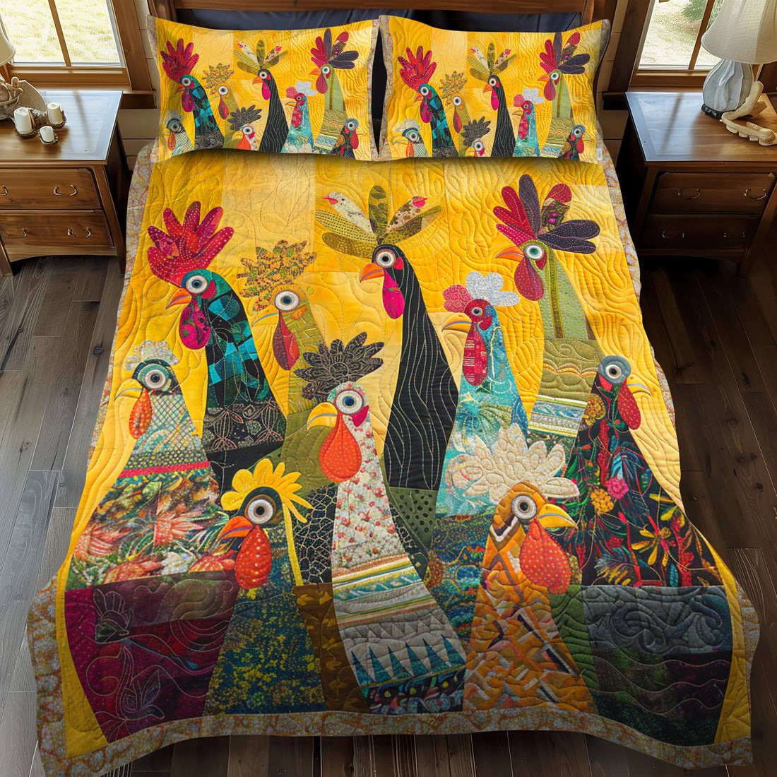 Colorful folk art rooster quilt with matching pillows on wooden bed in bedroom with nightstands