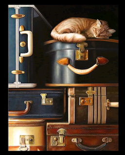 Realistic painting of an orange tabby cat sleeping on top of stacked vintage suitcases